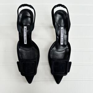 Manolo Blahnik Maysale Slingback Heels Black Suede Buckle Pointed Toe 34